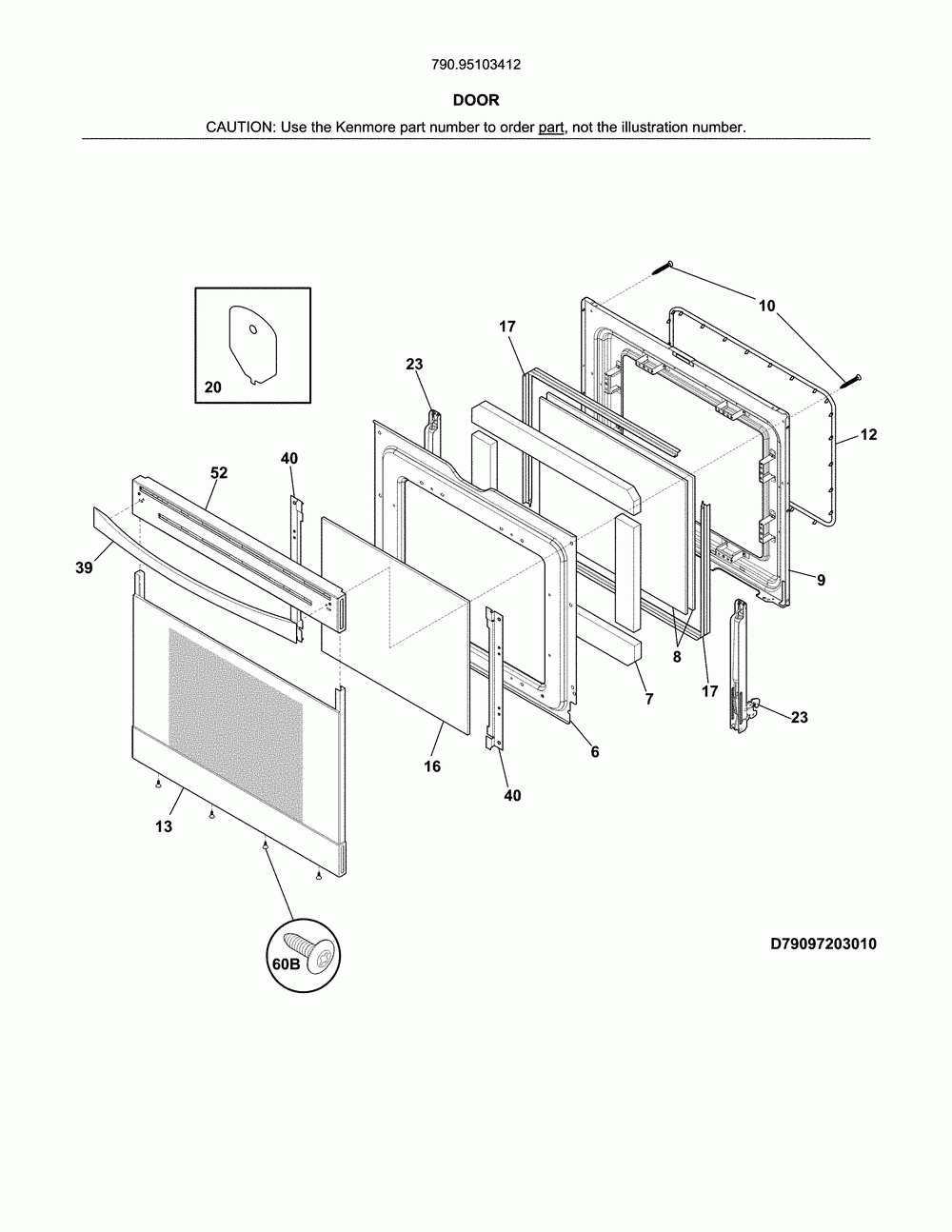 Door Diagram and Parts List for 79095103412  Kenmore Range