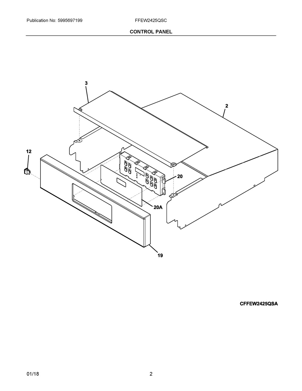 Control Panel Diagram and Parts List for FFEW2425QSC  Frigidaire Wall Oven