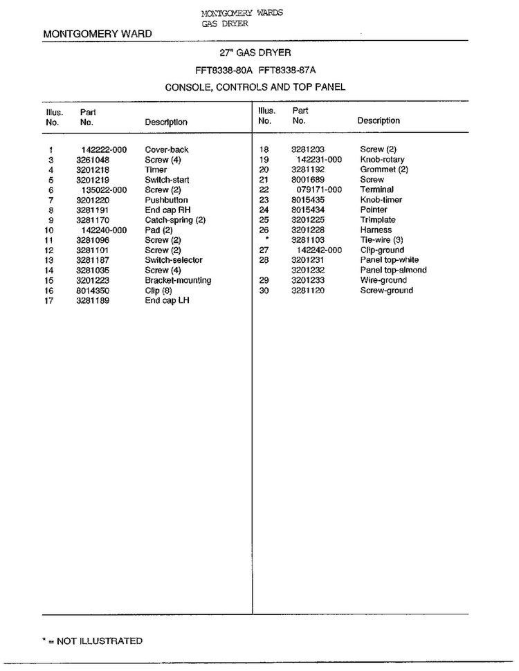 27` Console/controls/top Panel Page 2 Diagram and Parts List for 8338A  Frigidaire Dryer