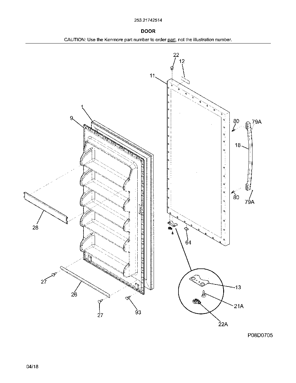 Door Diagram and Parts List for 25321742514  Kenmore Freezer