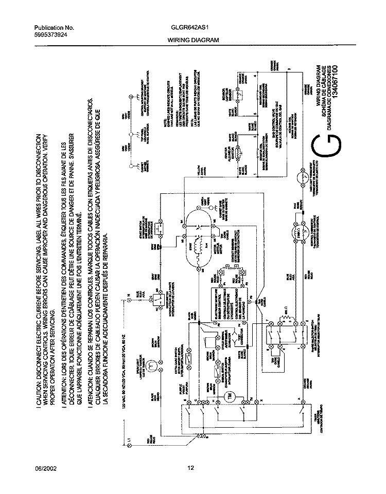 134067100 WIRING DIAGRAM Diagram and Parts List for GLGR642AS1  Frigidaire Dryer
