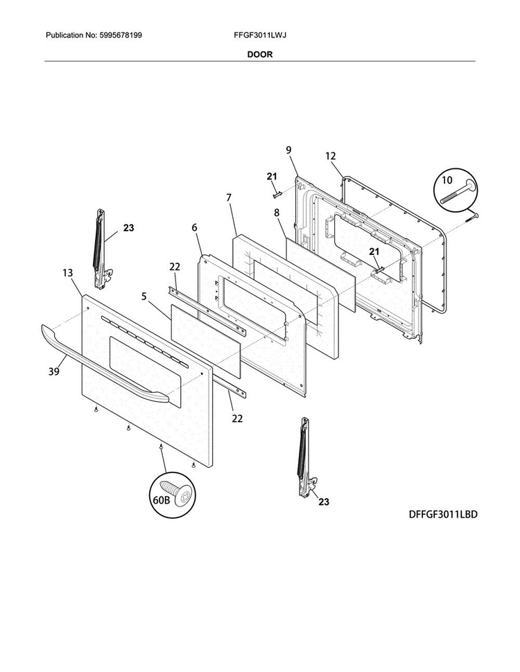 Door Diagram and Parts List for FFGF3011LWJ  Frigidaire Range