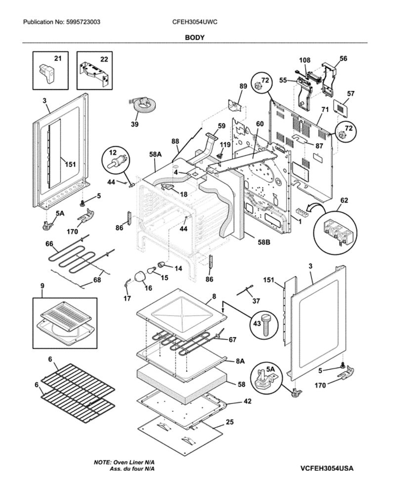 Body Diagram and Parts List for CFEH3054UWC  Frigidaire Range