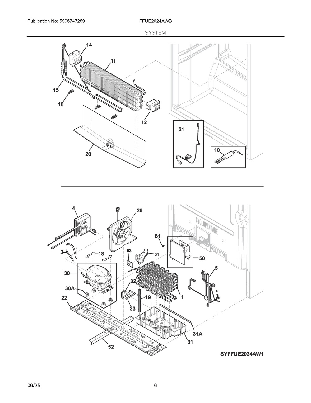 System Diagram and Parts List for FFUE2024AWB  Frigidaire Freezer