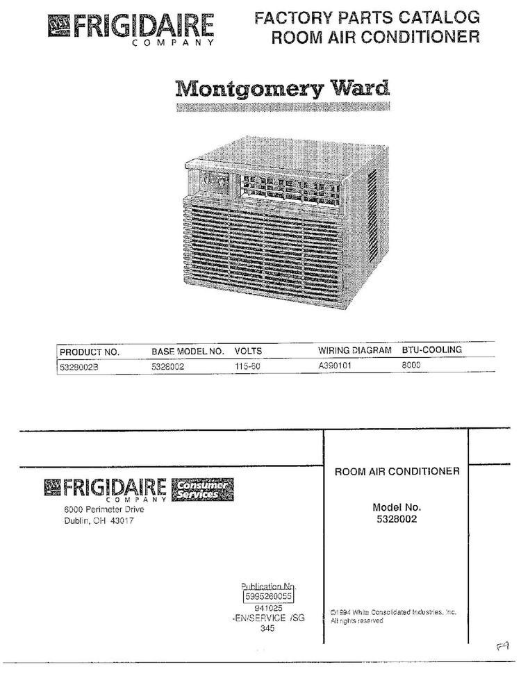 Cover Page Diagram and Parts List for 5328002B  Frigidaire Air Conditioner