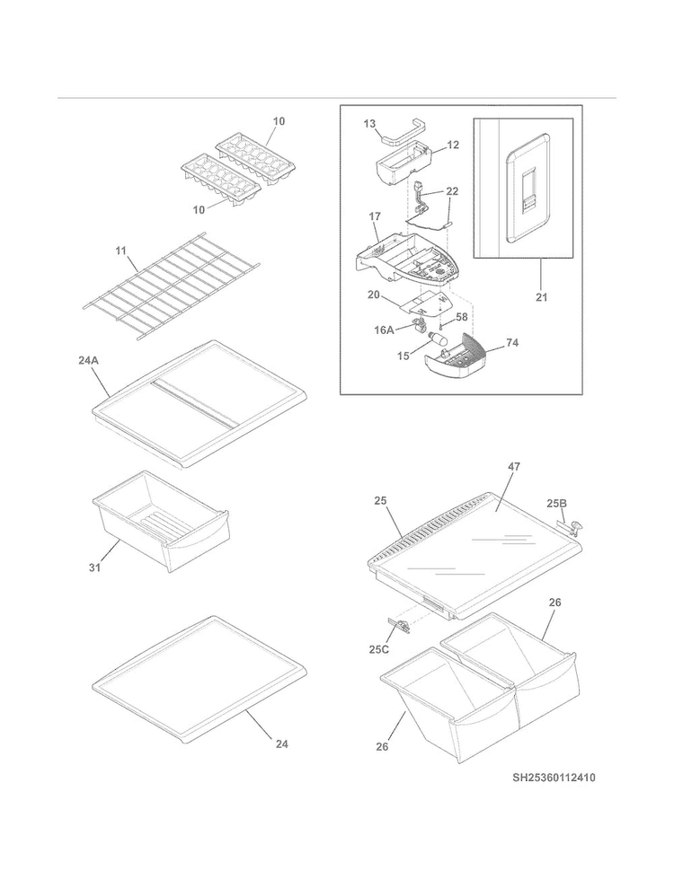 Shelves Diagram and Parts List for 25360112410  Kenmore Refrigerator