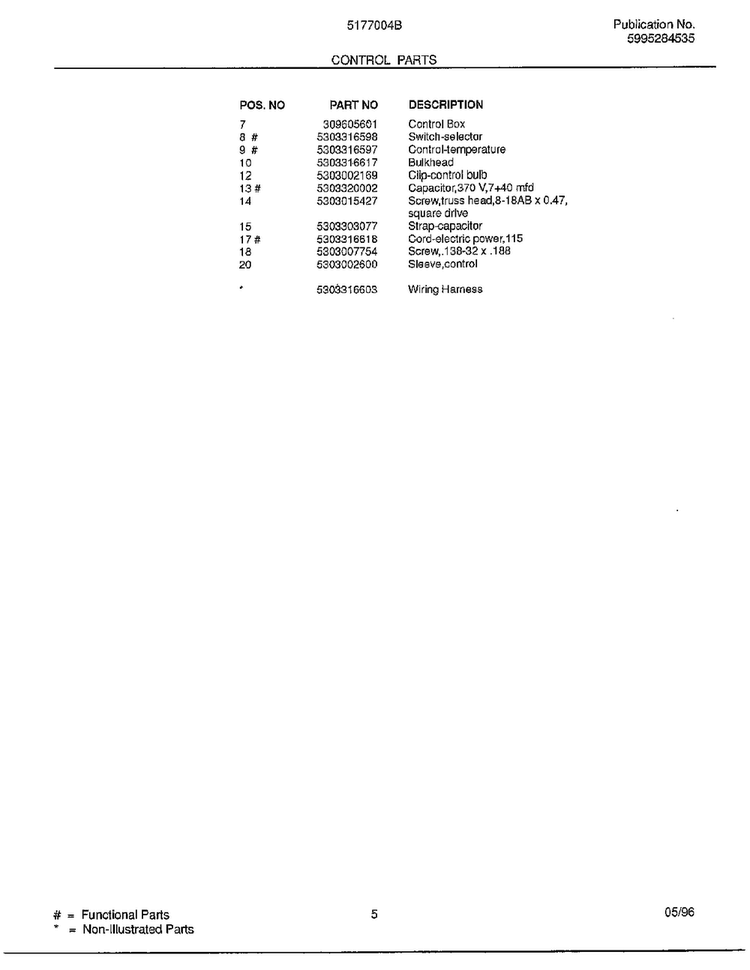 Control Parts Page 2 Diagram and Parts List for 5177004B  Frigidaire Air Conditioner