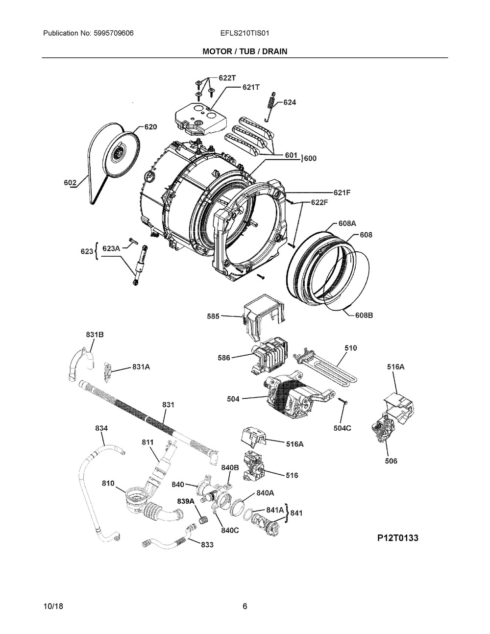 Motor / Tub / Drain Diagram and Parts List for EFLS210TIS01  Frigidaire Washer
