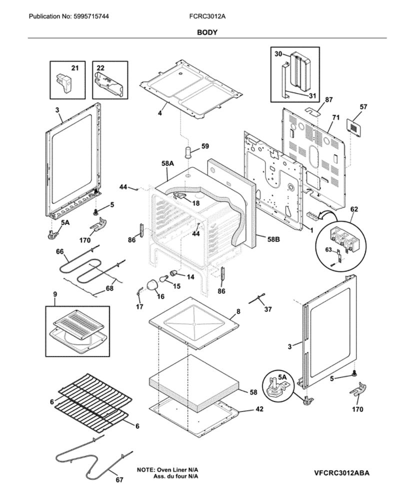 Body Diagram and Parts List for FCRC3012ABA  Frigidaire Range