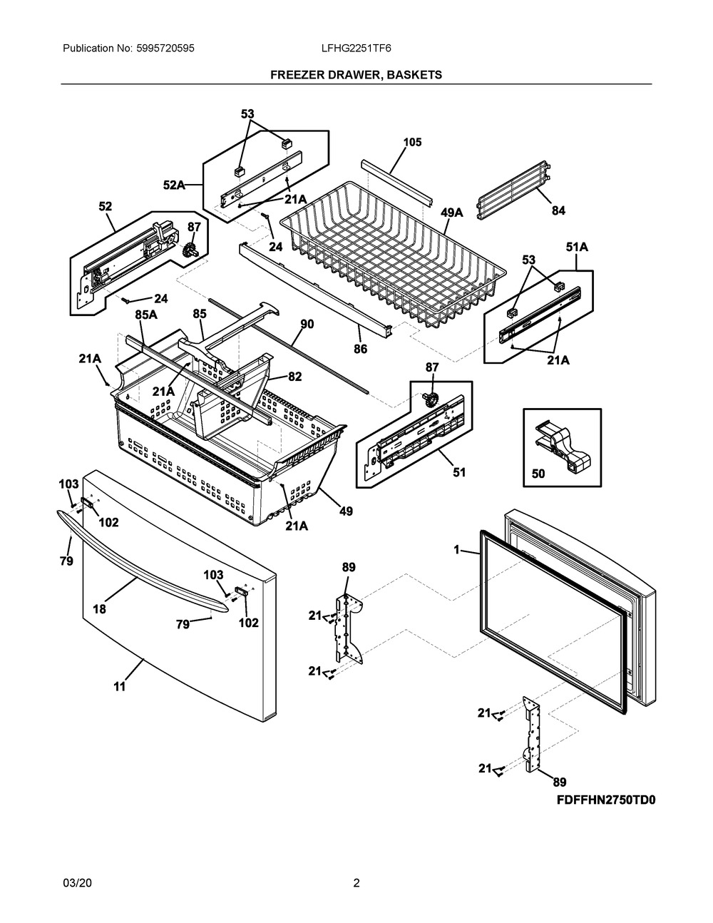 Freezer Drawer, Baskets Diagram and Parts List for LFHG2251TF6  Frigidaire Refrigerator
