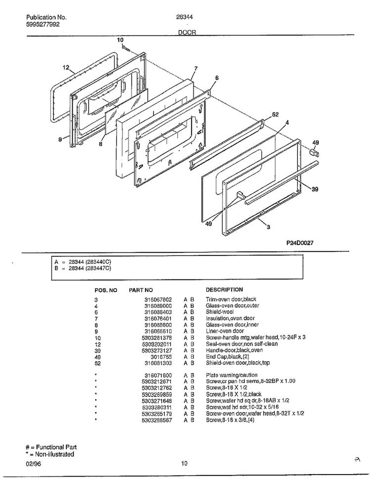Door Diagram and Parts List for 283440C  Frigidaire Range