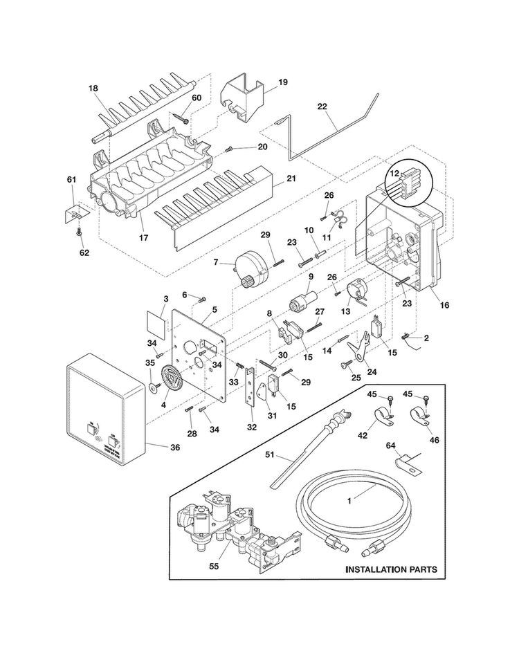 Ice Maker Diagram and Parts List for FFHS2622MH9  Frigidaire Refrigerator