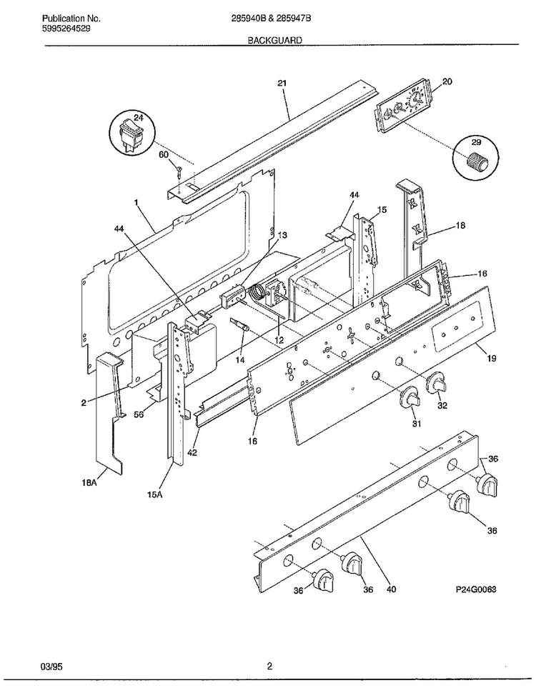 Backguard Diagram and Parts List for 285947B  Frigidaire Range
