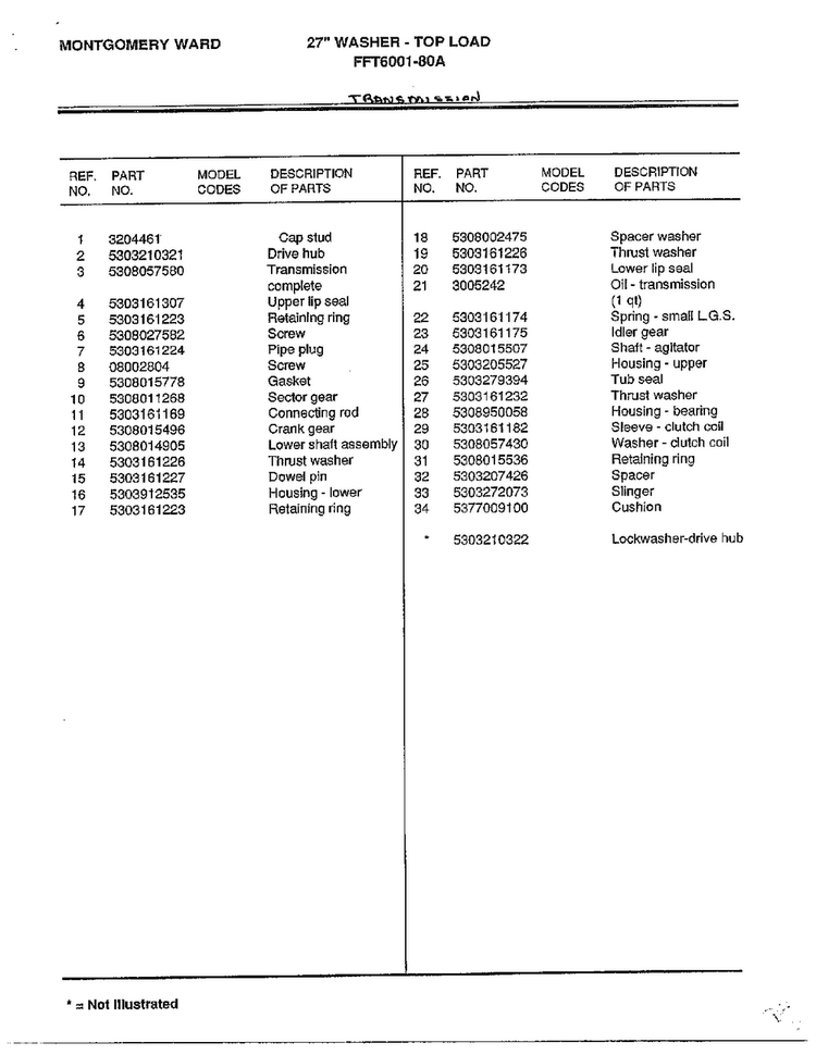 Transmission Page 2 Diagram and Parts List for 6001-80A  Frigidaire Washer