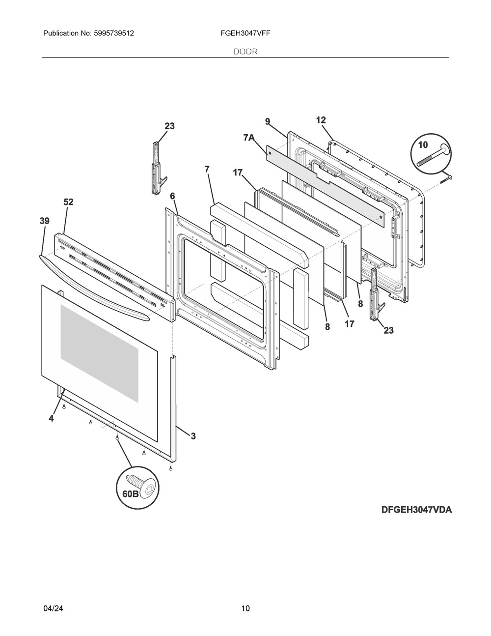 Door Diagram and Parts List for FGEH3047VFF  Frigidaire Range