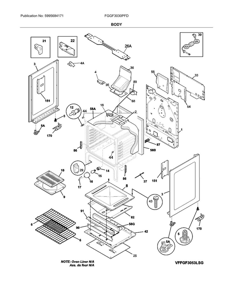 Body Diagram and Parts List for FGGF3030PFD  Frigidaire Range