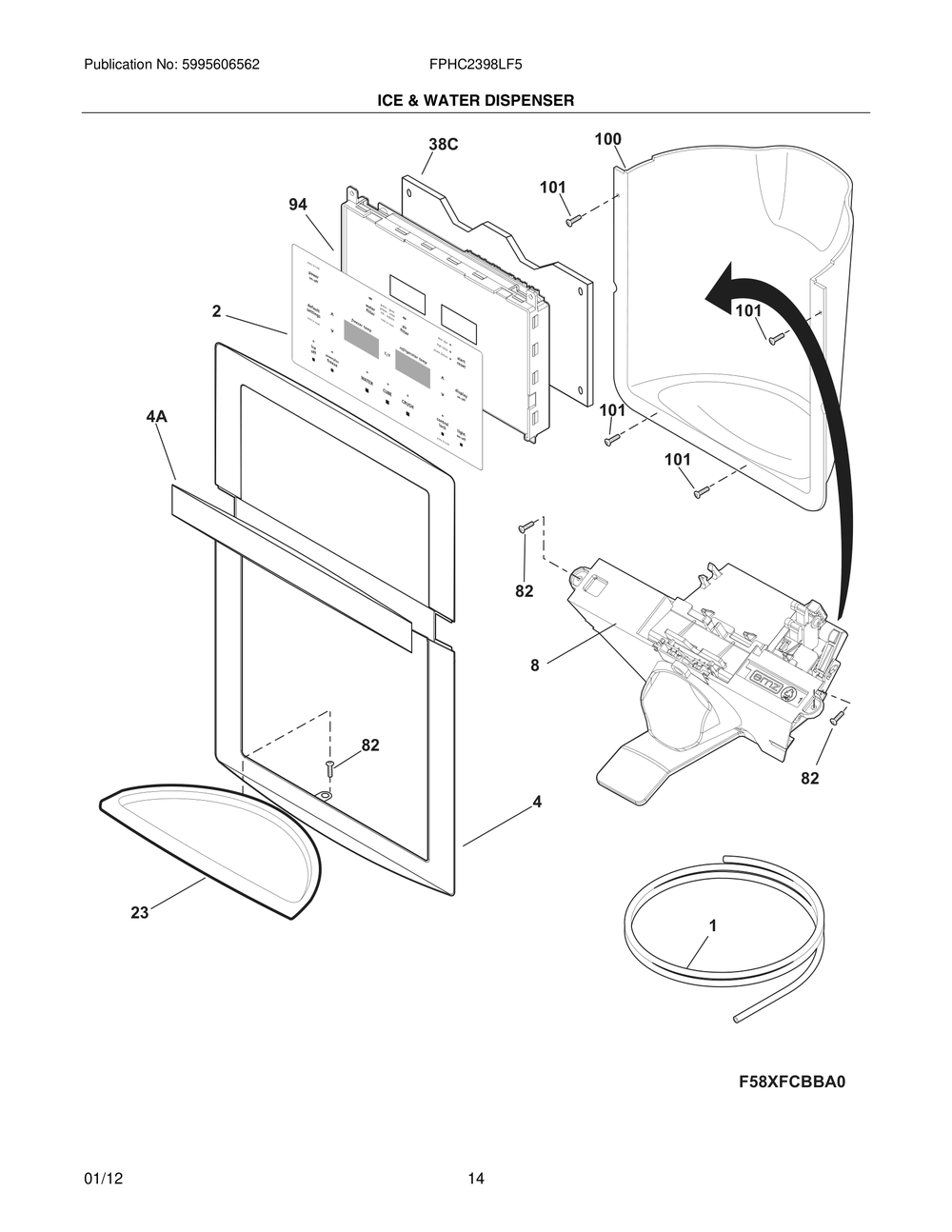 Ice And Water Dispenser Diagram and Parts List for FPHC2398LF5  Frigidaire Refrigerator