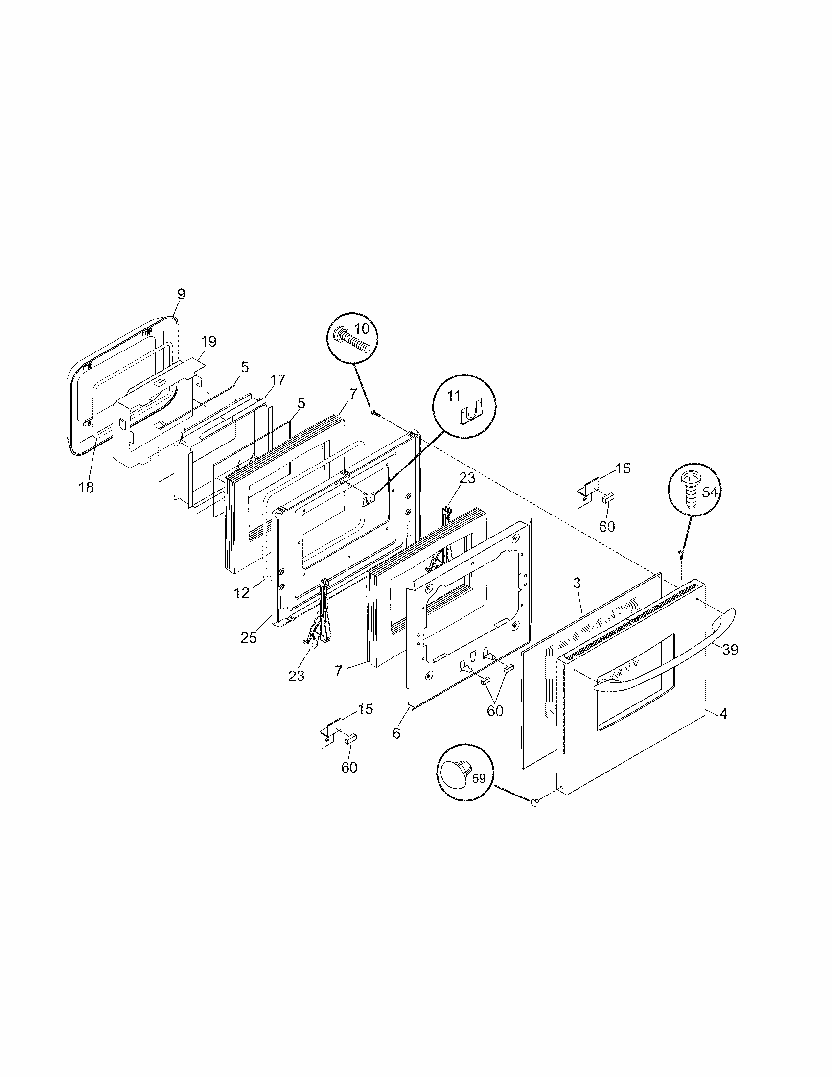Door Diagram and Parts List for 79040523401  Kenmore Wall Oven