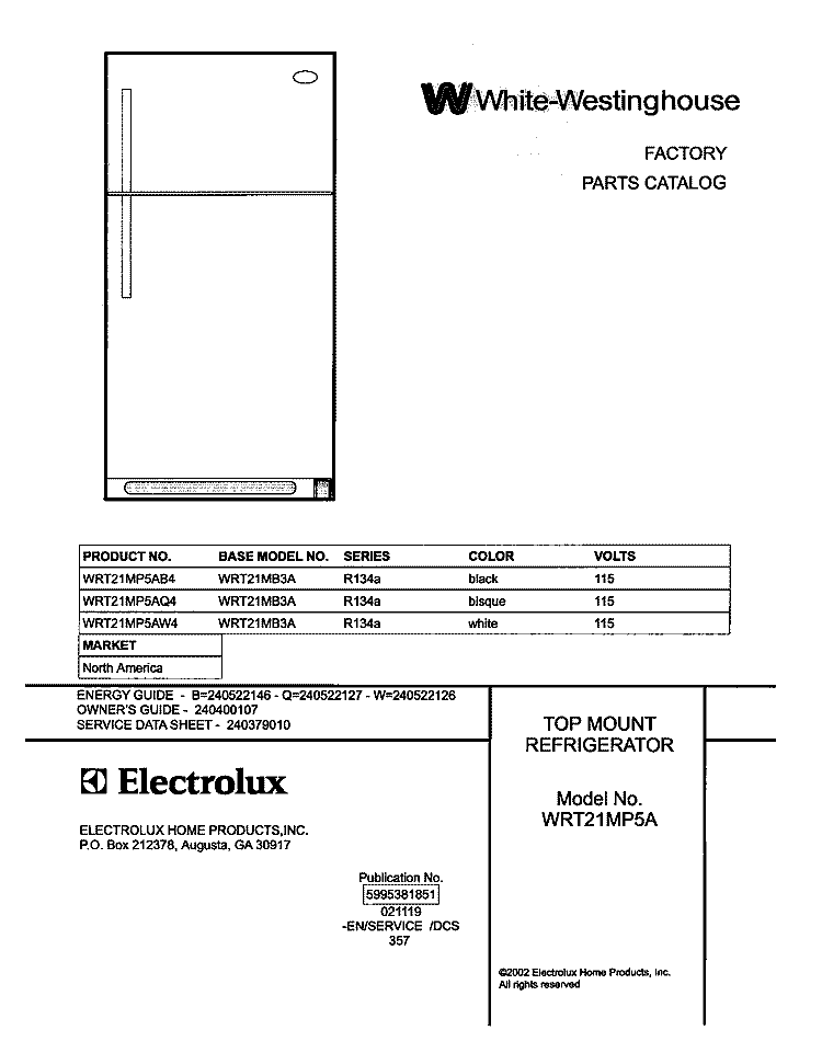 COVER Diagram and Parts List for WRT21MP5AW4  Westinghouse Refrigerator