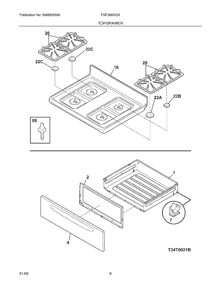 TOP / DRAWER Diagram and Parts List for FGF368GQX  Frigidaire Range