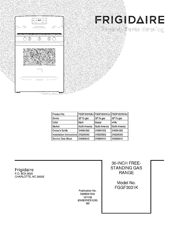 COVER Diagram and Parts List for FGGF3031KWJ  Frigidaire Range