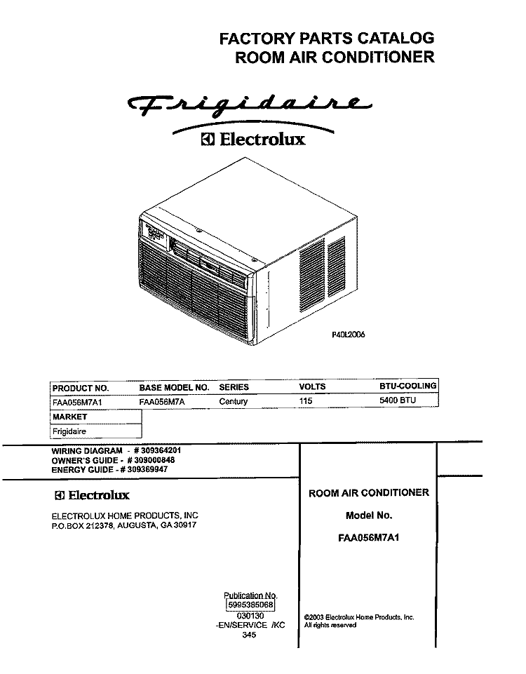 COVER Diagram and Parts List for FAA056M7A1  Frigidaire Air Conditioner