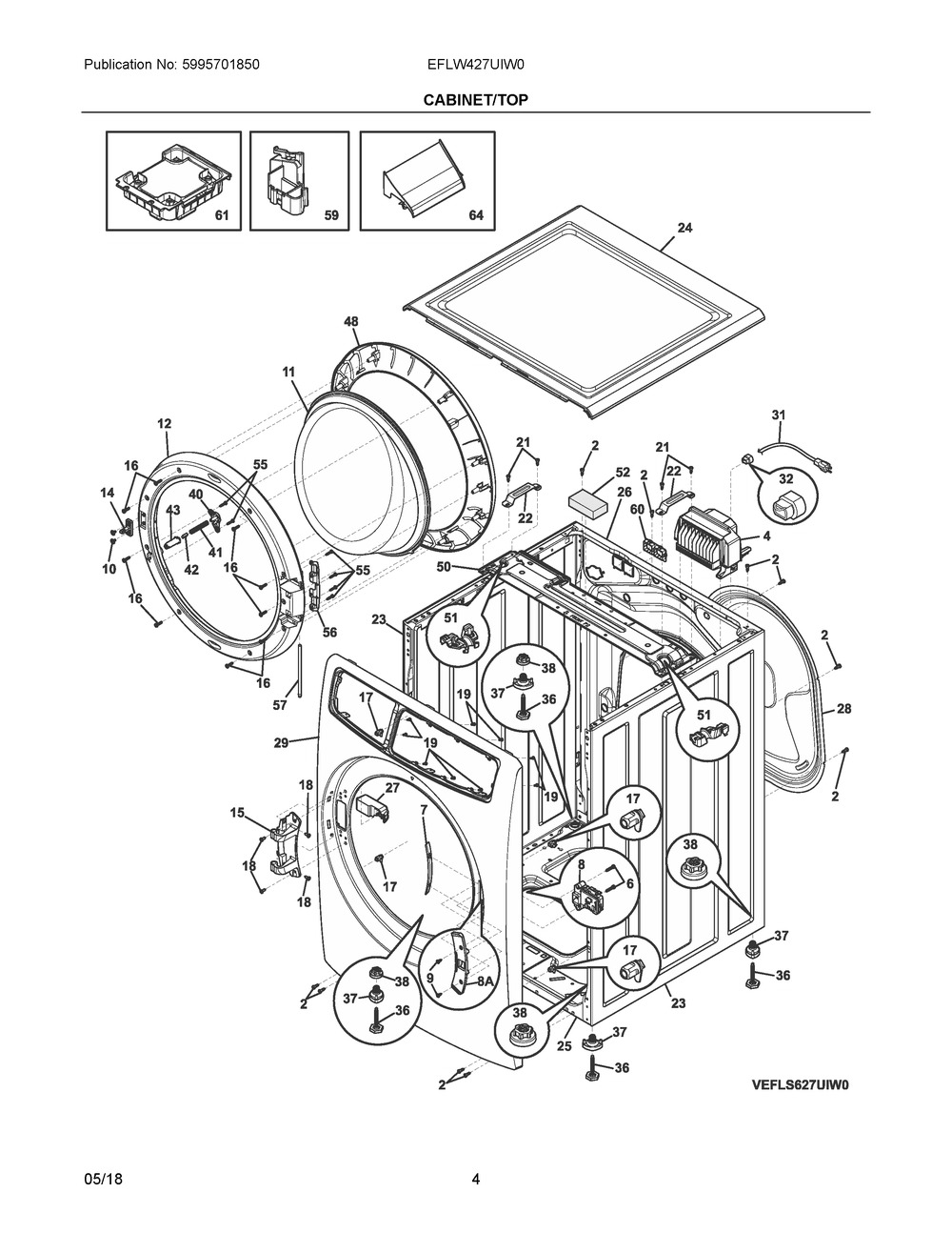 Cabinet/top Diagram and Parts List for EFLW427UIW0  Frigidaire Washer