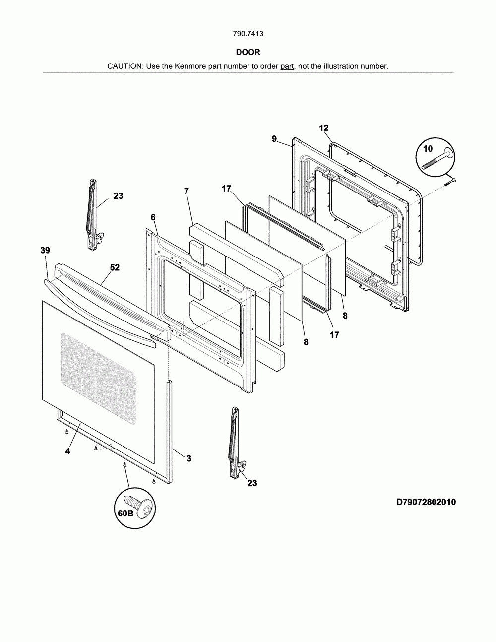 Door Diagram and Parts List for 79074134314  Kenmore Range