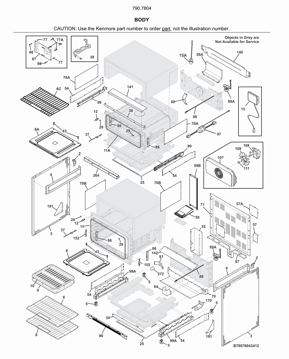 Body Diagram and Parts List for 79078049414  Kenmore Range