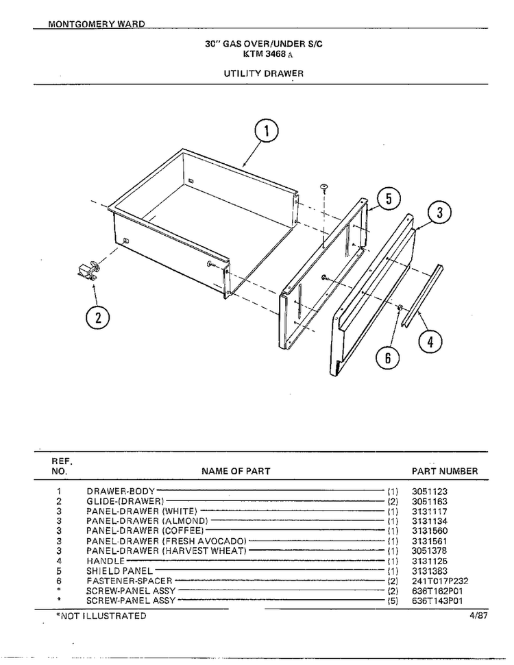 30" Gas Over/under Utility Drawer Diagram and Parts List for 3468A  Frigidaire Range