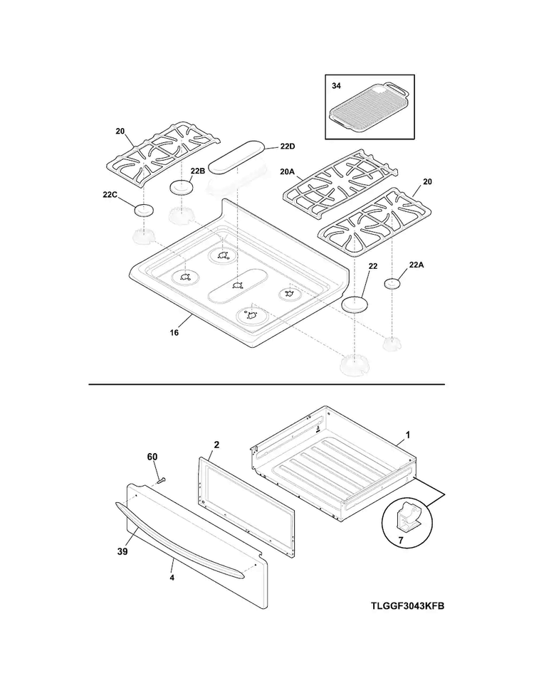Top/drawer Diagram and Parts List for FGGF3058RFA  Frigidaire Range