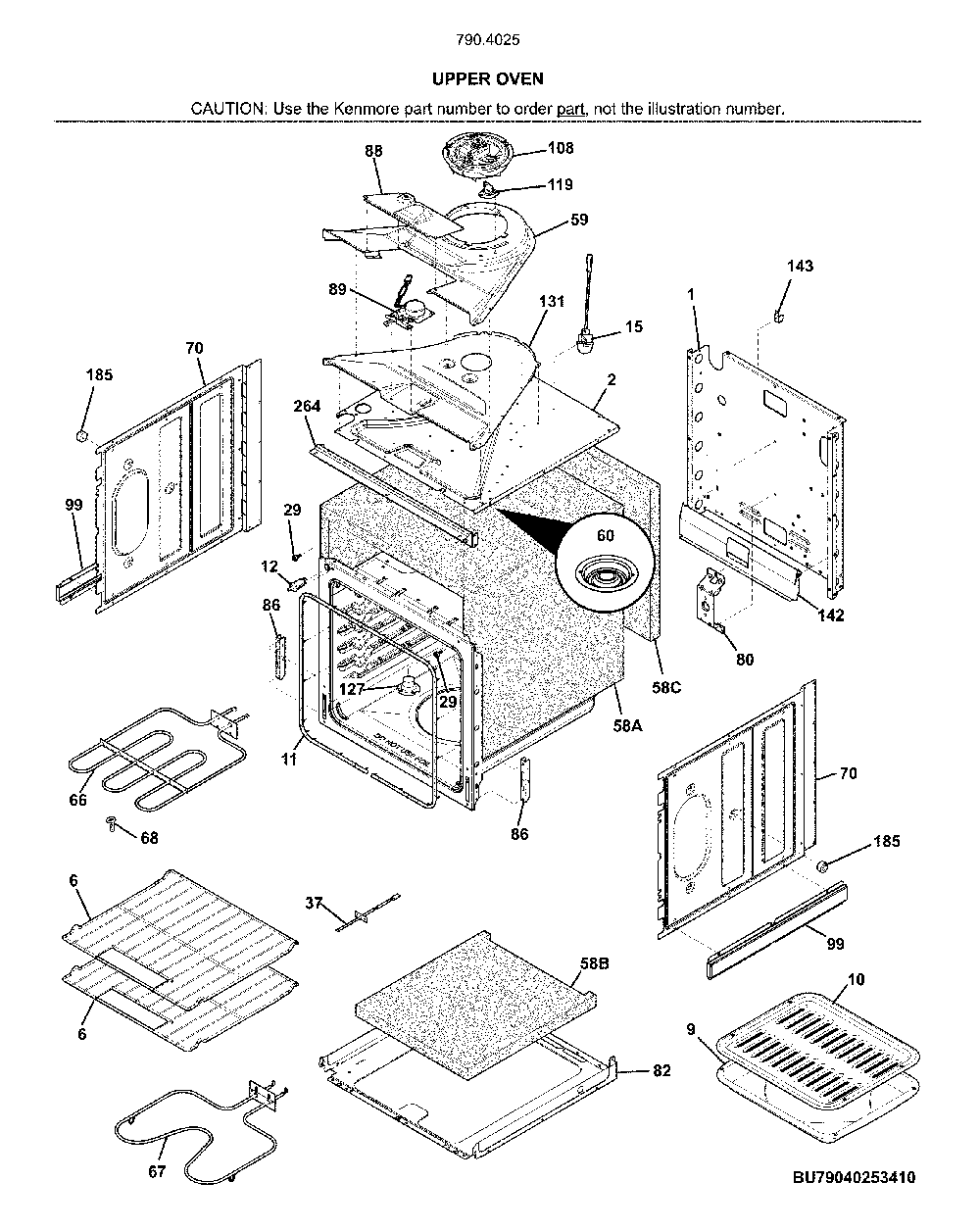 Upper oven Diagram and Parts List for 79040253413  Kenmore Wall Oven