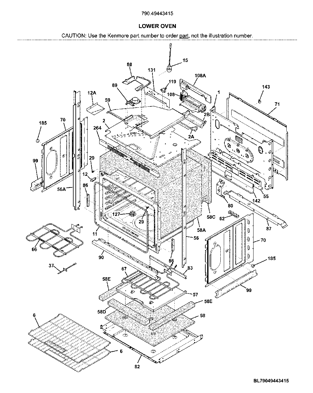 Lower oven Diagram and Parts List for 79049443415  Kenmore Wall Oven