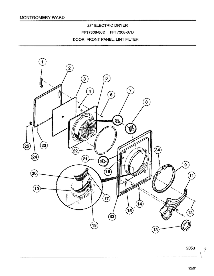 Door/front Panel/lint Filter Diagram and Parts List for 7308-87D  Frigidaire Dryer