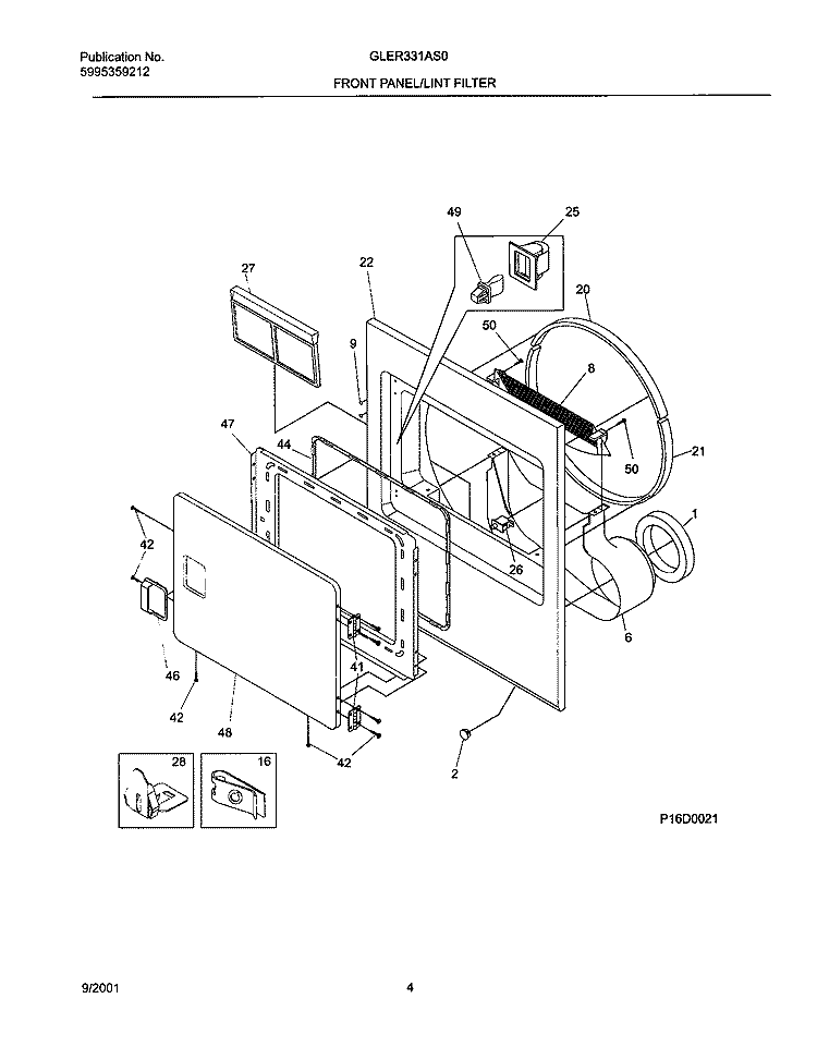 FRNT PNL, DOOR Diagram and Parts List for GLER331AS0  Frigidaire Dryer