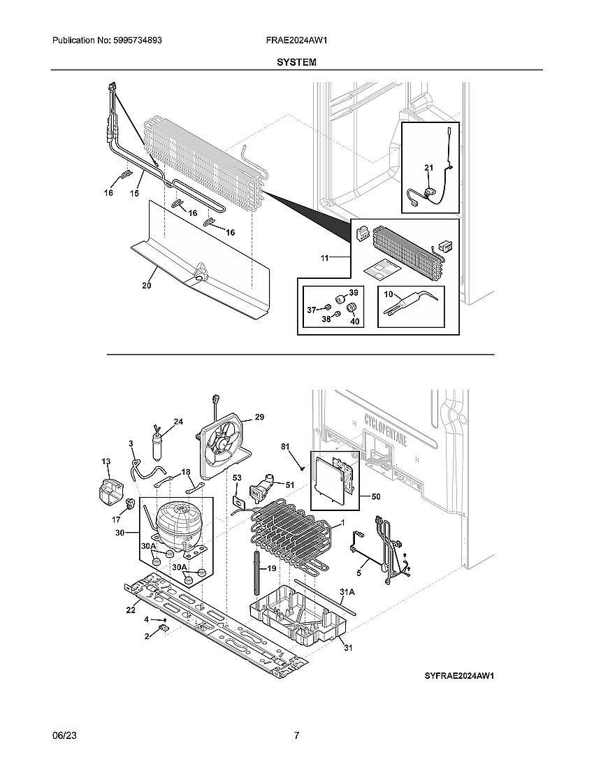 System Diagram and Parts List for FRAE2024AW1  Electrolux Refrigerator