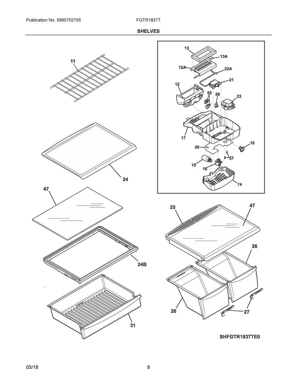 Shelves Diagram and Parts List for FGTR1837TP1  Frigidaire Refrigerator