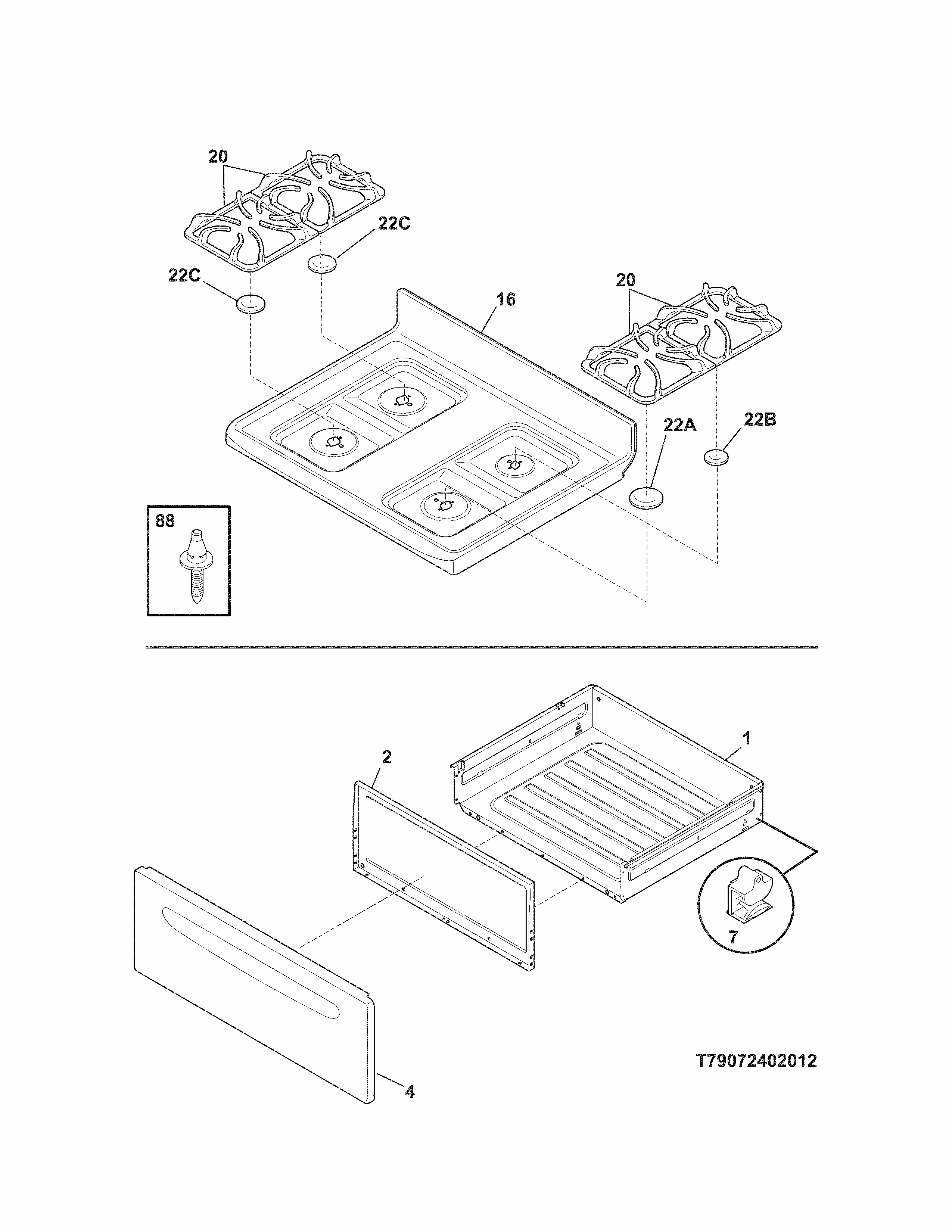 Top/drawer Diagram and Parts List for 79072409010  Kenmore Range