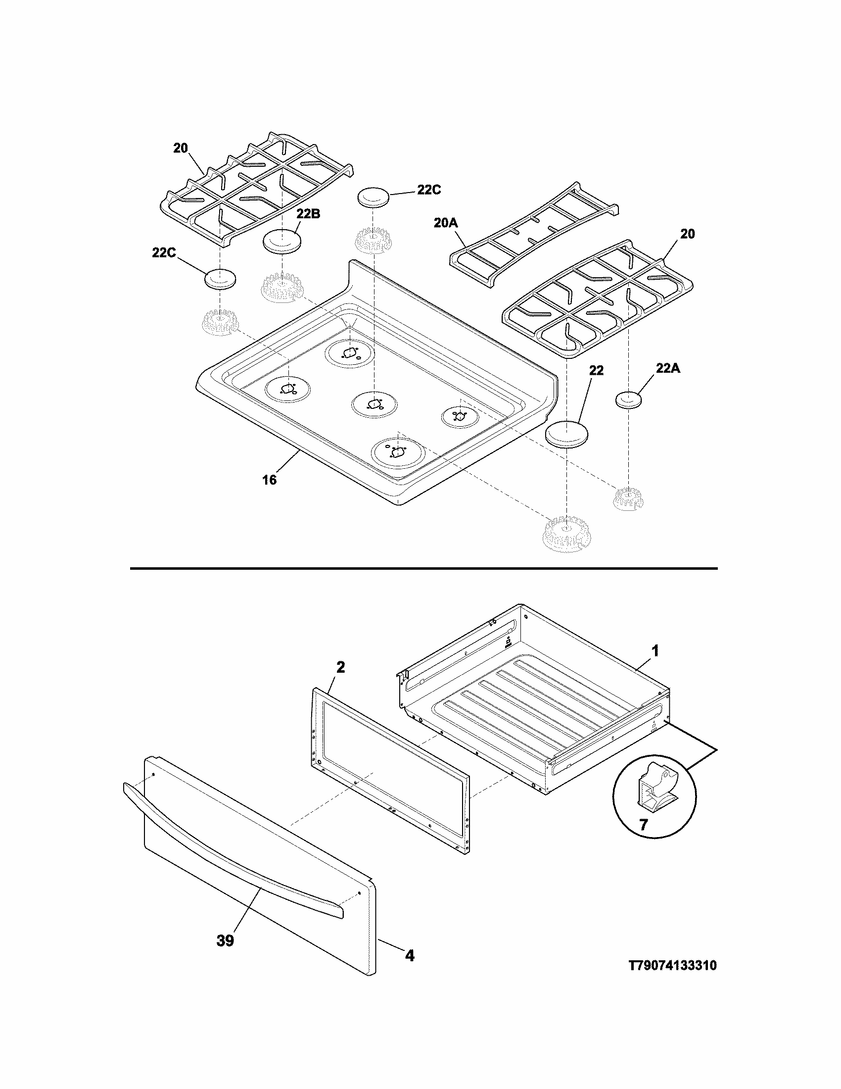 Top/drawer Diagram and Parts List for 79074133311  Kenmore Range