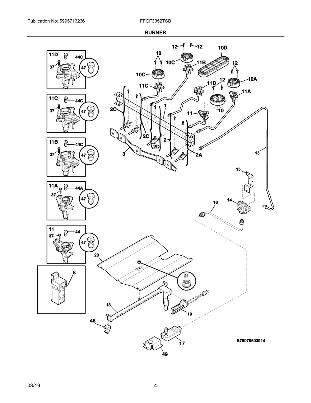 Burner Diagram and Parts List for FFGF3052TSB  Frigidaire Range