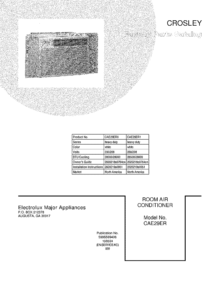 COVER Diagram and Parts List for CAE29ER0  Crosley Air Conditioner