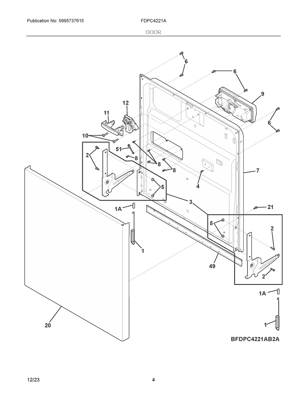 Door Diagram and Parts List for FDPC4221AB3A  Frigidaire Dishwasher