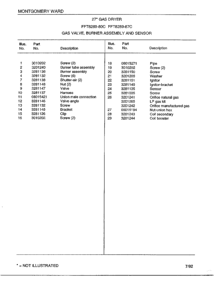 Gas Valve/burner Assembly And Sensor Page 2 Diagram and Parts List for 8289-80C  Frigidaire Dryer