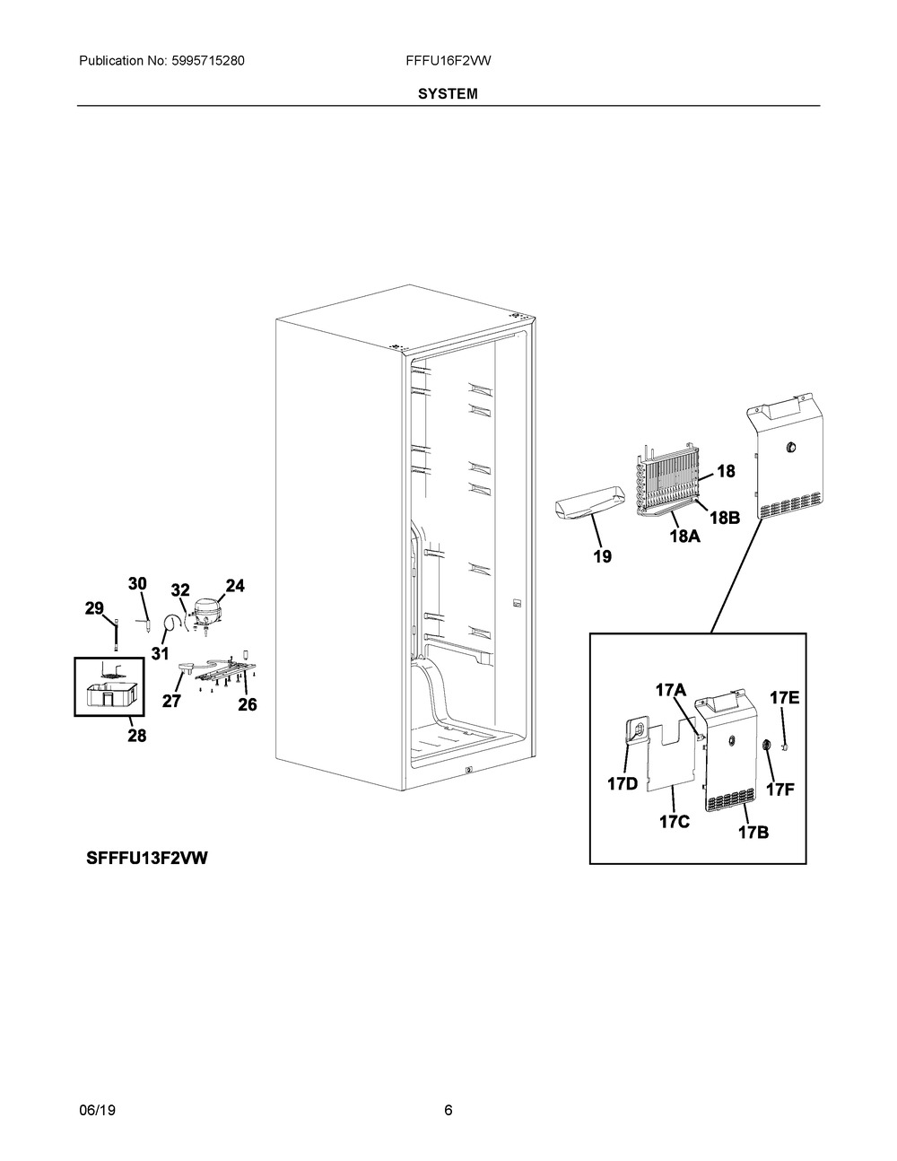 System Diagram and Parts List for FFFU16F2VW  Frigidaire Freezer