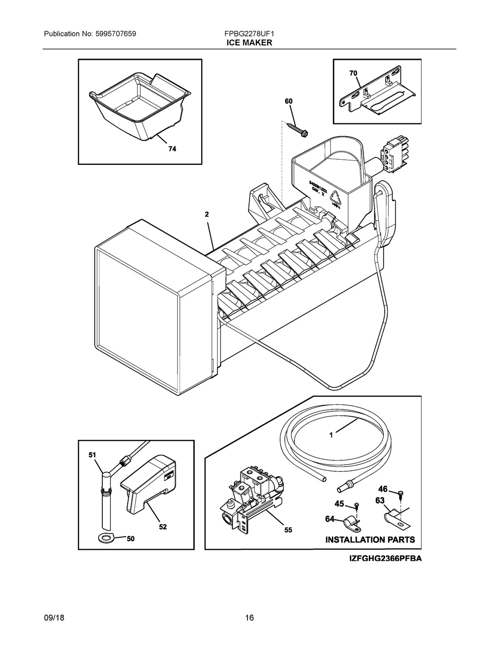 Ice Maker Diagram and Parts List for FPBG2278UF1  Frigidaire Refrigerator