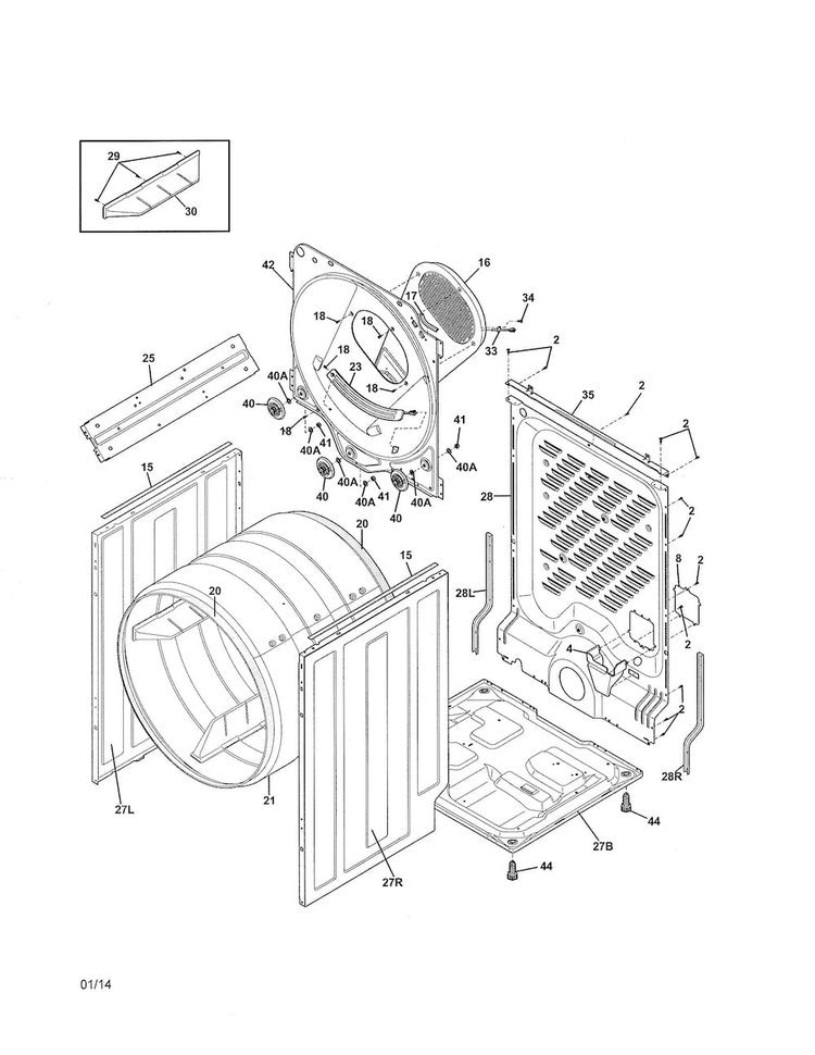 Cabinet/drum Diagram and Parts List for FAQE7001LW1  Frigidaire Dryer
