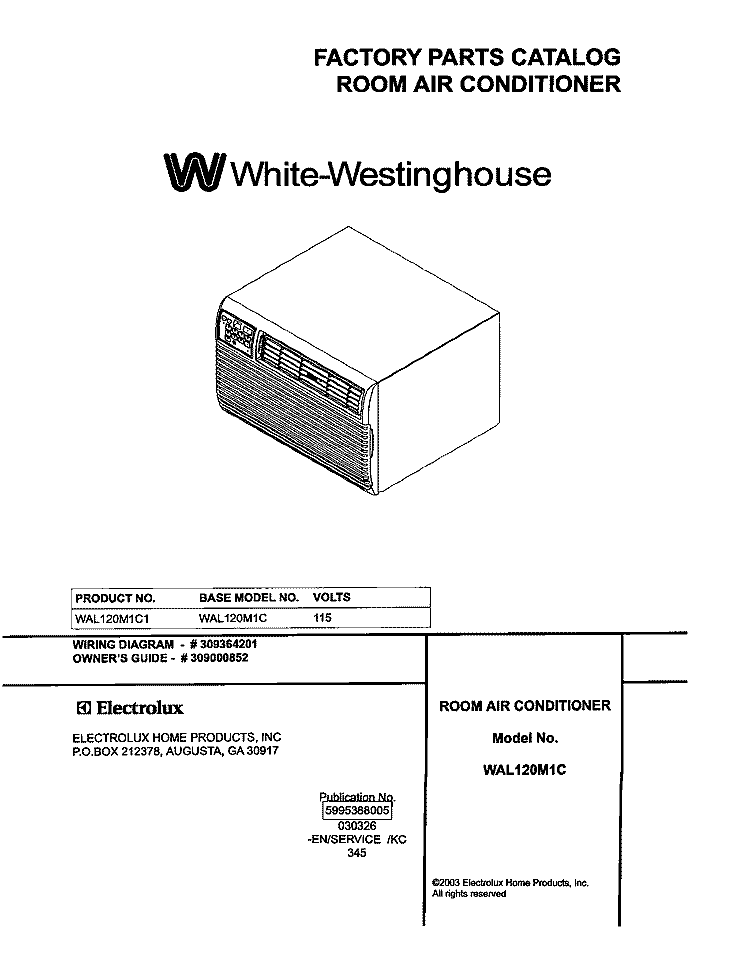 COVER Diagram and Parts List for WAL120M1C1  Westinghouse Air Conditioner