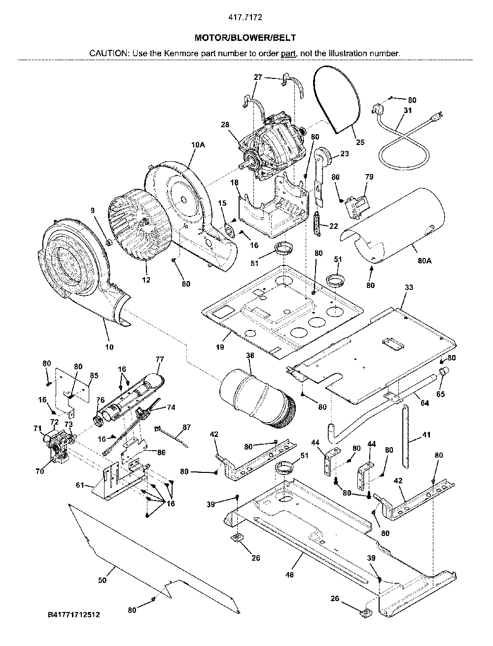 Motor/blower/belt Diagram and Parts List for 41771723512  Kenmore Washer Dryer Combo