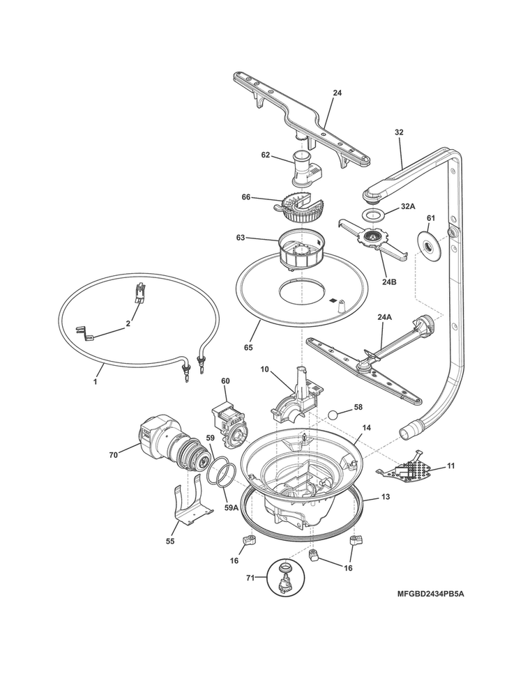 Motor & Pump Diagram and Parts List for FGBD2434PF5A  Frigidaire Dishwasher
