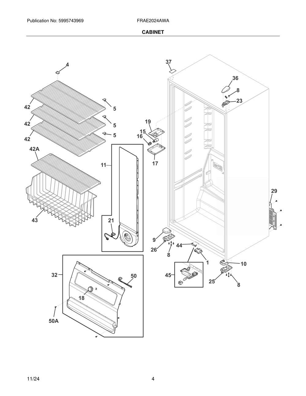 Cabinet Diagram and Parts List for FRAE2024AWA  Frigidaire Refrigerator